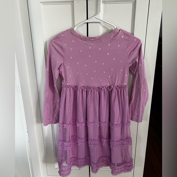 Mini Boden Long Sleeve Jersey Tulle Dress in a pink color with gold polka dots - Picture 3 of 3